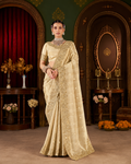 Champagne Gold Embroidered Border Viscose Silk Party Wear Saree with intricate zari and resham embroidery, scalloped border and designer blouse.