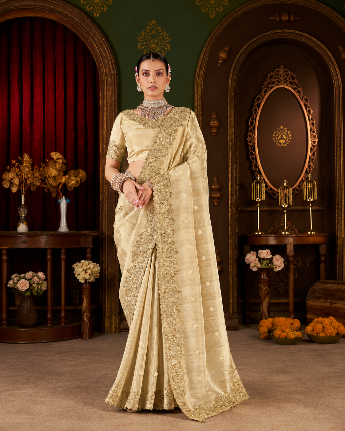 Champagne Gold Embroidered Border Viscose Silk Party Wear Saree with intricate zari and resham embroidery, scalloped border and designer blouse.