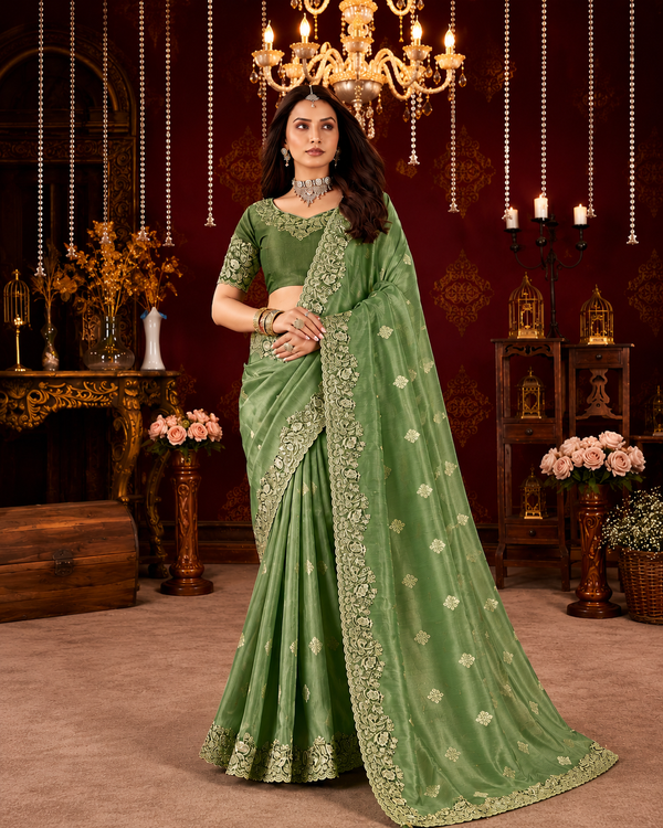 Sage Green Embroidered Border Viscose Silk Party Wear Saree with intricate zari and resham embroidery, scalloped border and designer blouse.