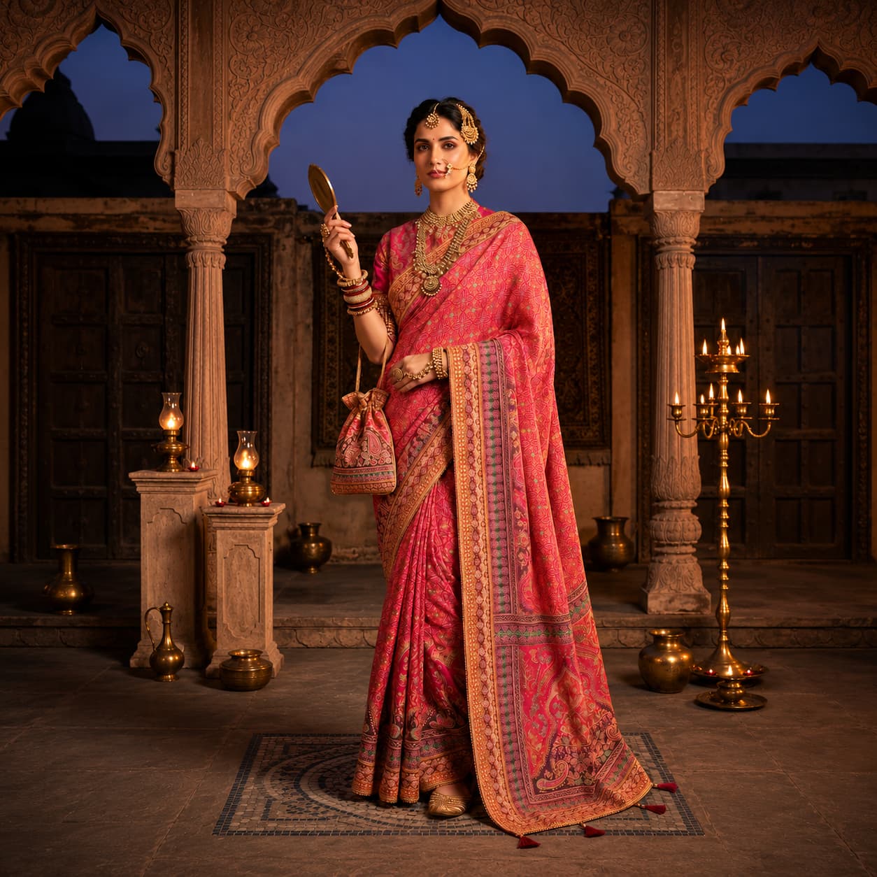 Woman in traditional pink saree with gold patterns standing in an ornate indoor setting.