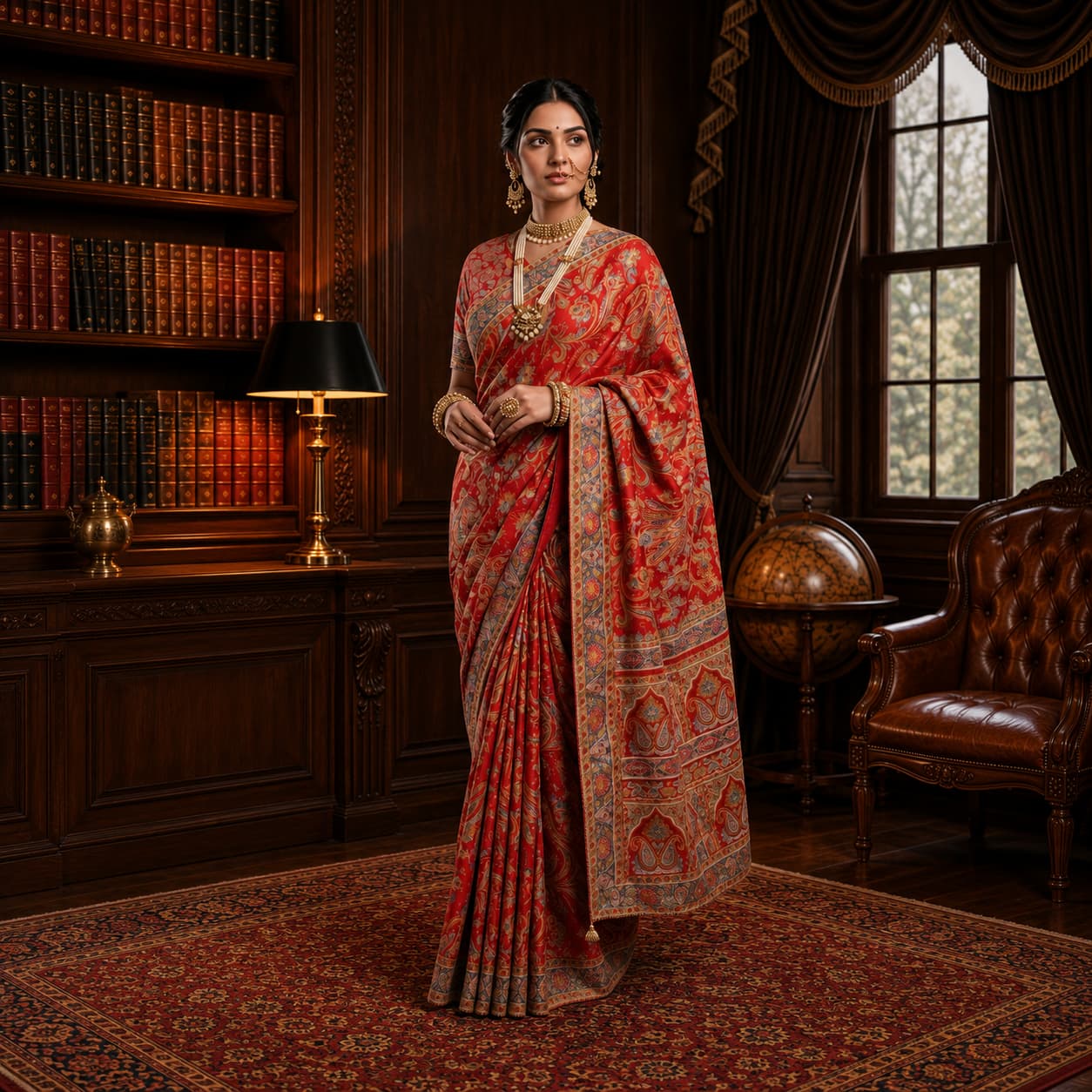 Ready to Wear Red Traditional Crape Silk Saree with Aari Work & Cutdana Khatli Work