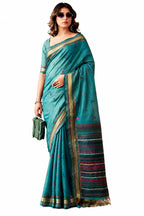 Sea Green Linen Silk Zari Border Work Saree