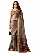 Coffee Linen Silk Zari Border Work Saree