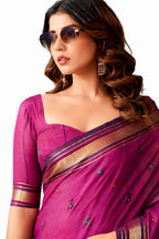 Plum Linen Silk Zari Border Work Saree