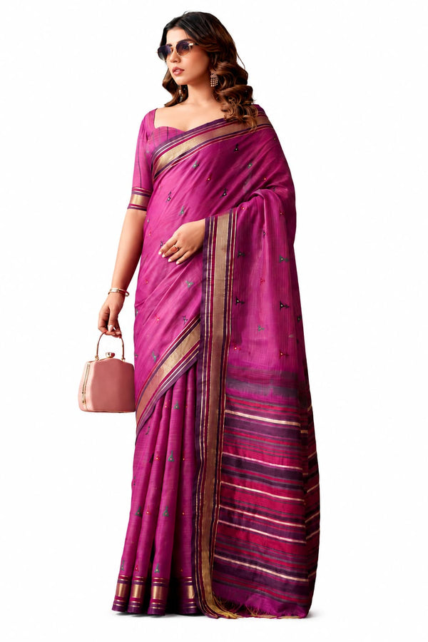 Plum Linen Silk Zari Border Work Saree
