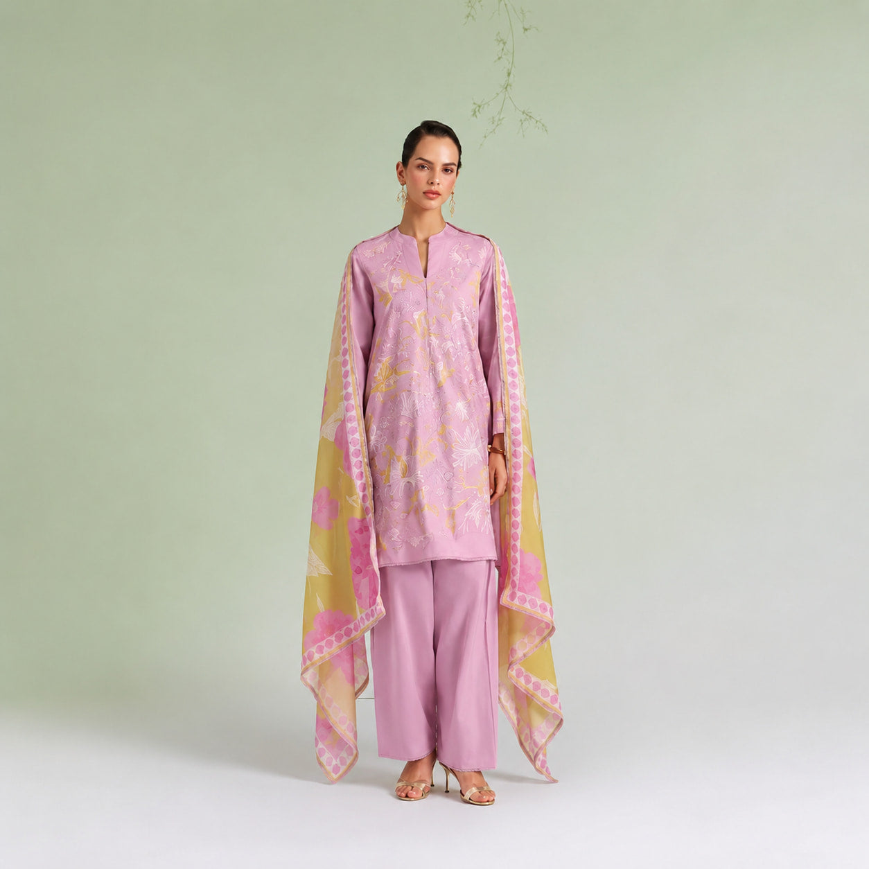 Pastel Pink unstitched lawn cotton embroidered salwar kameez with Bemberg muslin digital print dupatta