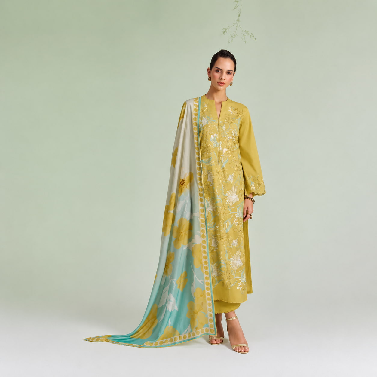Mustard Floral Embroidered Premium Salwar Suit with Printed Dupatta