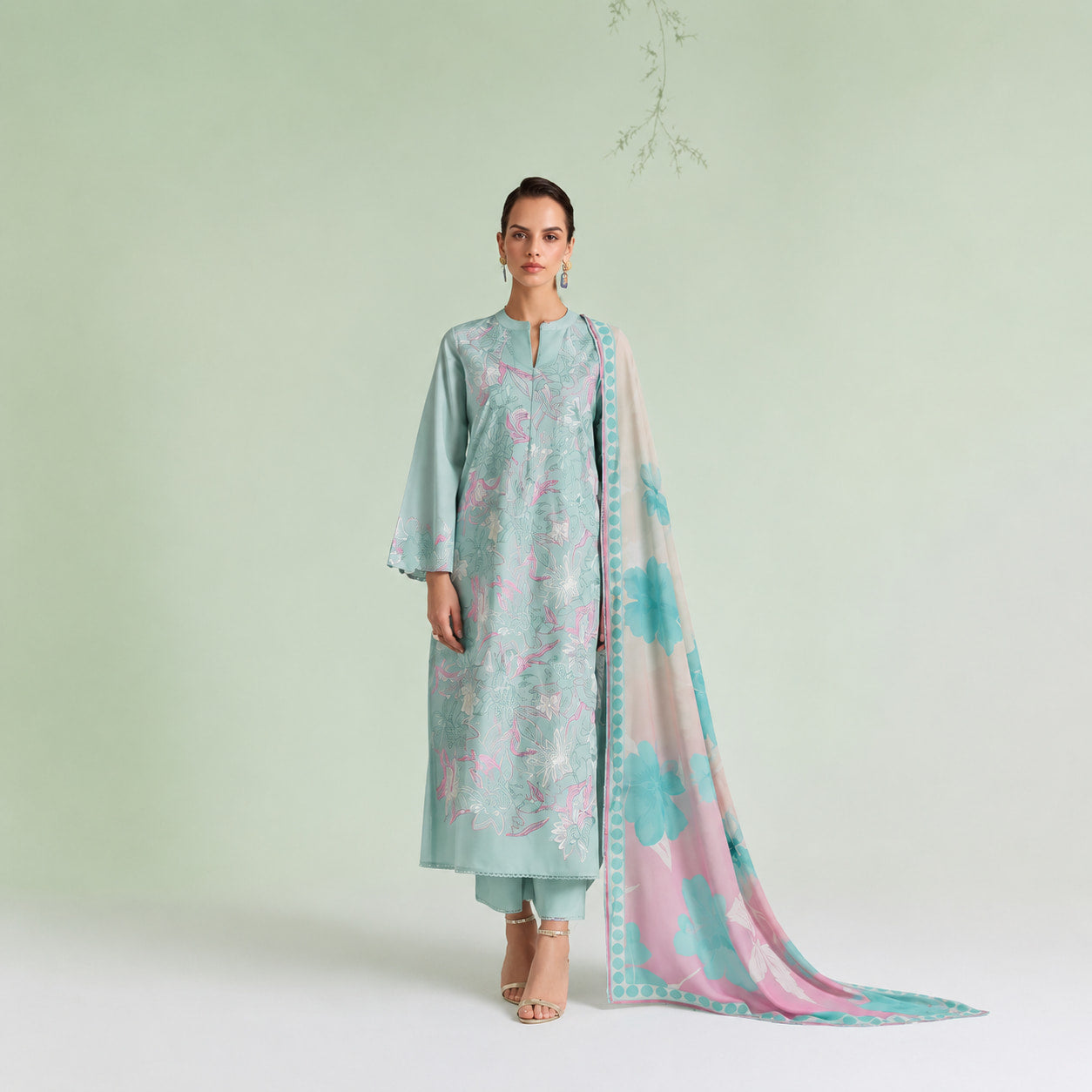 Pastel Aqua Blue unstitched lawn cotton embroidered salwar kameez with Bemberg muslin digital print dupatta