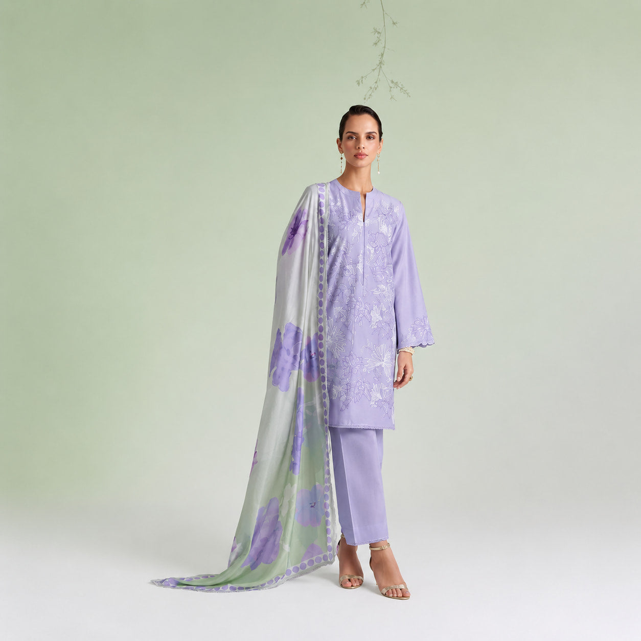 Lavender unstitched lawn cotton embroidered salwar kameez with Bemberg muslin digital print dupatta