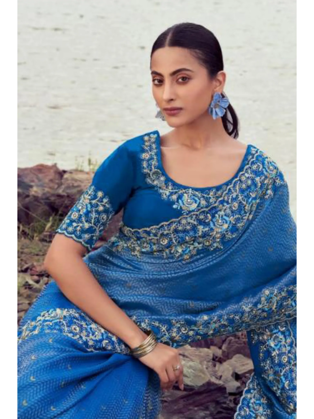 Royal Blue Pure Satin Silk With Jacquard traditional saree by Naksh Creation view 2