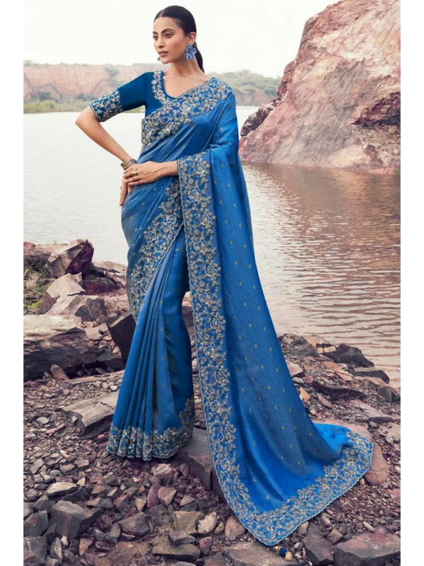 Royal Blue Pure Satin Silk With Jacquard traditional saree by Naksh Creation