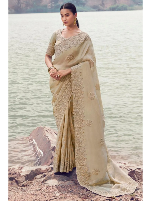 Beige Tissue Silk With Jacquard traditional saree by Naksh Creation