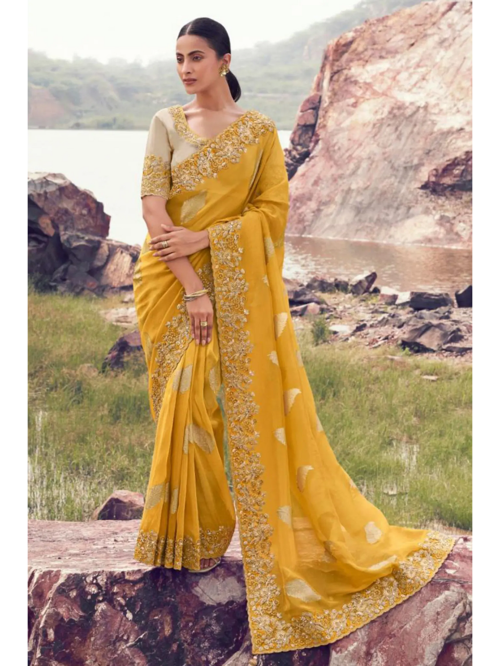 Yellow Tissue Silk With Jacquard traditional saree by Naksh Creation
