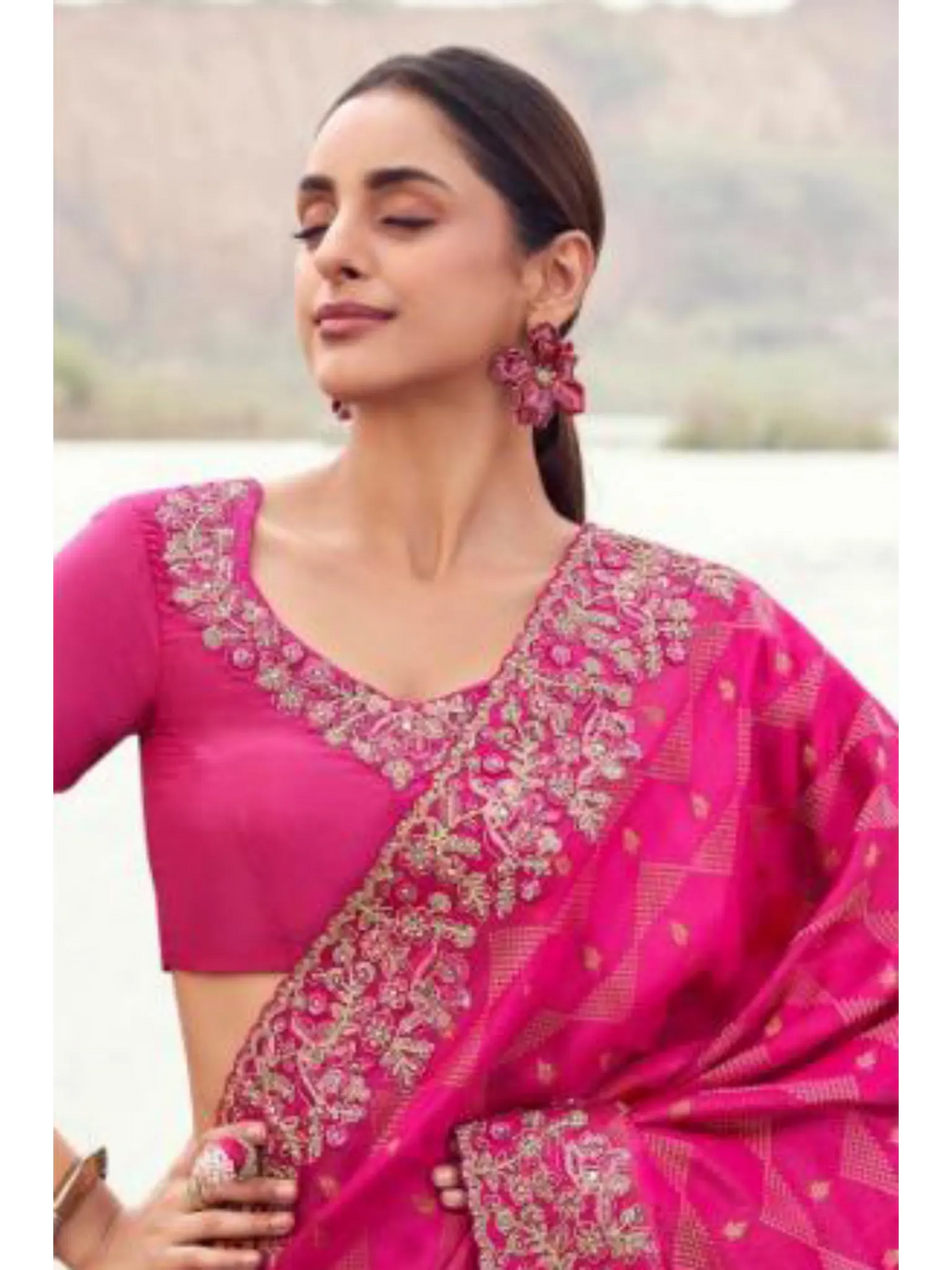 Rani Pink Pure Satin Silk With Jacquard traditional saree by Naksh Creation view 2