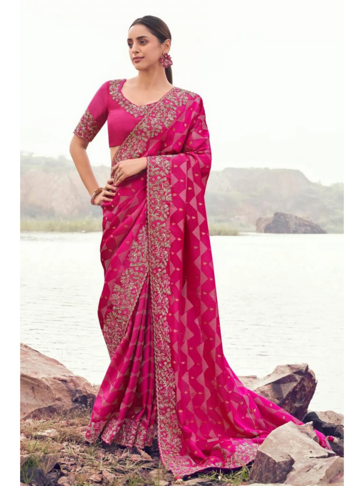 Rani Pink Pure Satin Silk With Jacquard traditional saree by Naksh Creation