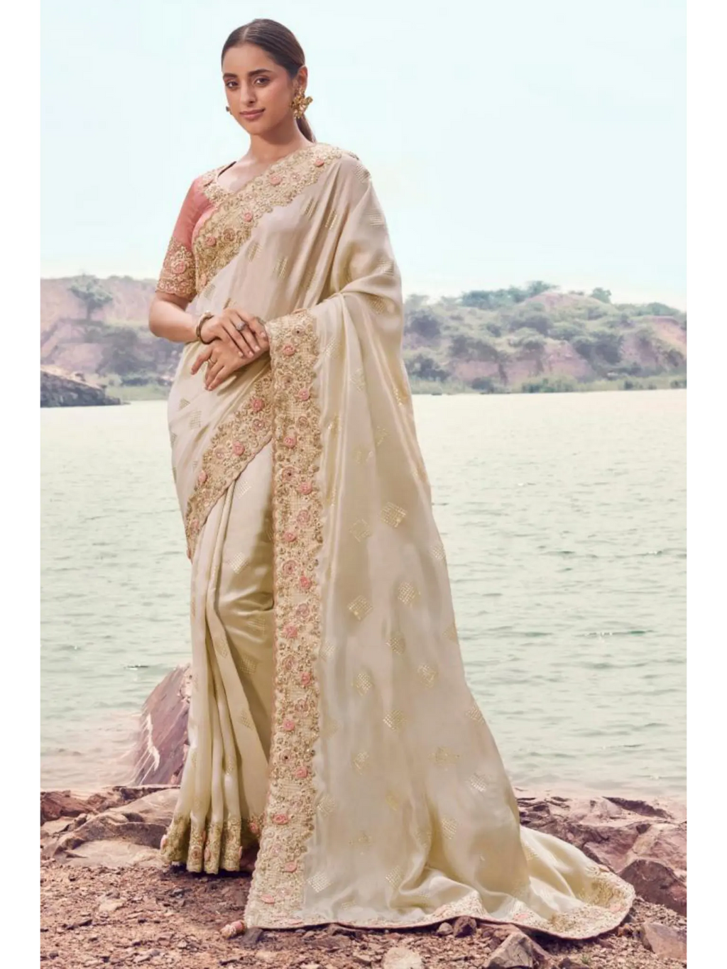 Chiku Satin Silk traditional saree by Naksh Creation