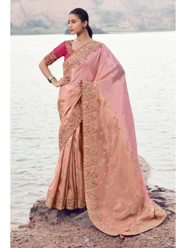 Pink Tissue Silk and Organza Silk traditional saree by Naksh Creation