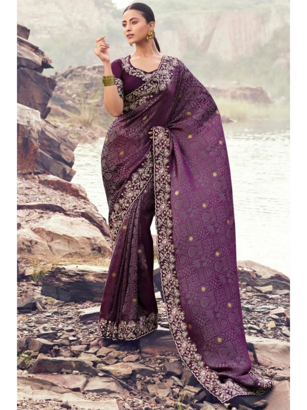 Wine Pure Satin Silk With Jacquard traditional saree by Naksh Creation