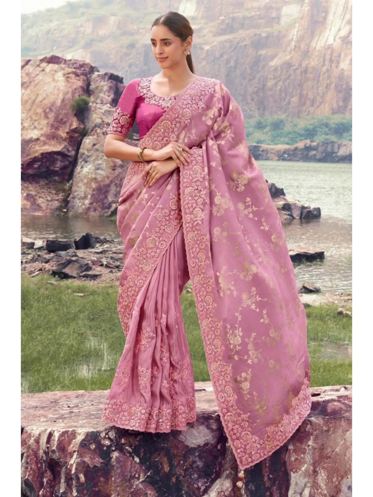 Onion Pink Tissue Silk With Jacquard traditional saree by Naksh Creation