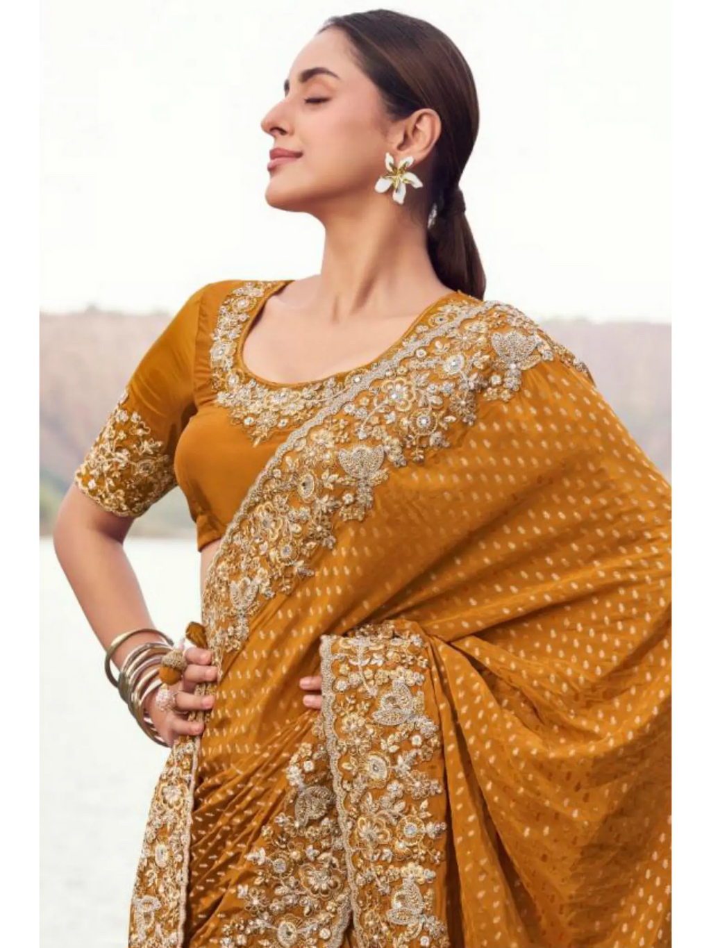 Mustard Pure Satin Silk With Jacquard traditional saree by Naksh Creation view 2