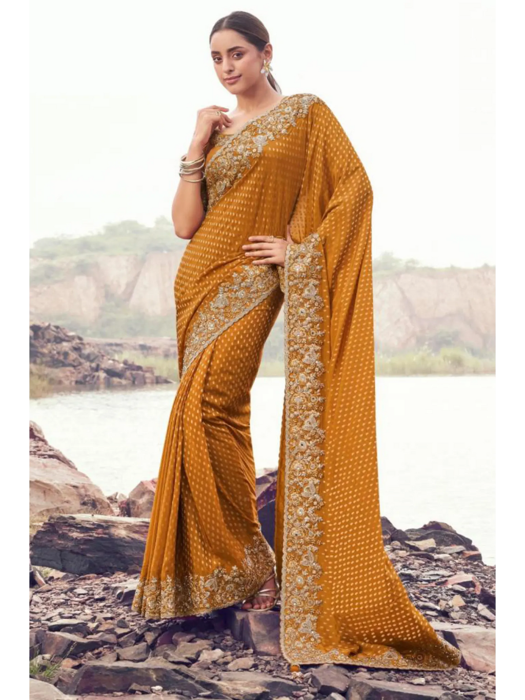 Mustard Pure Satin Silk With Jacquard traditional saree by Naksh Creation
