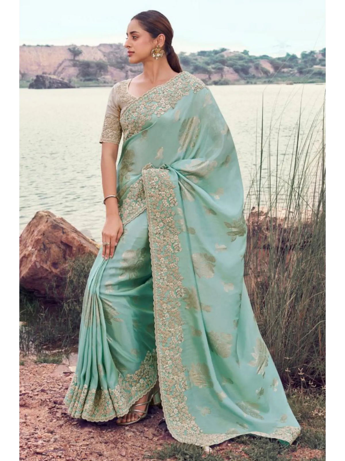 Sky Blue Tissue Silk With Jacquard traditional saree by Naksh Creation