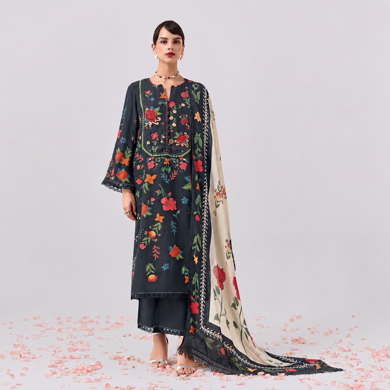 Charcoal Grey Pure Cotton Lawn Digital Print Salwar Suit with Pure Bemberg Muslin Dupatta