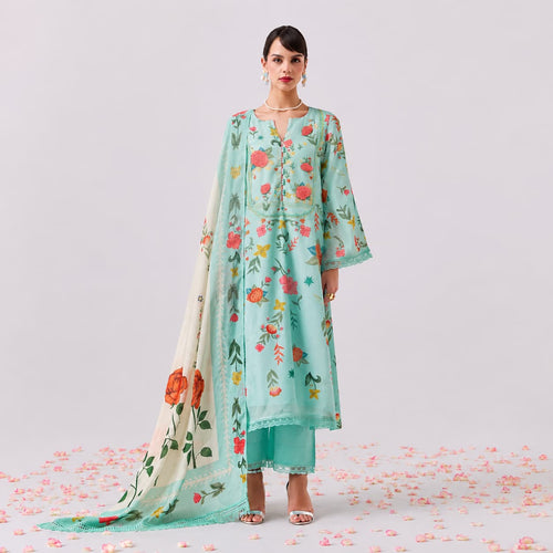 Aqua Blue Pure Cotton Lawn Digital Print Salwar Suit with Pure Bemberg Muslin Dupatta