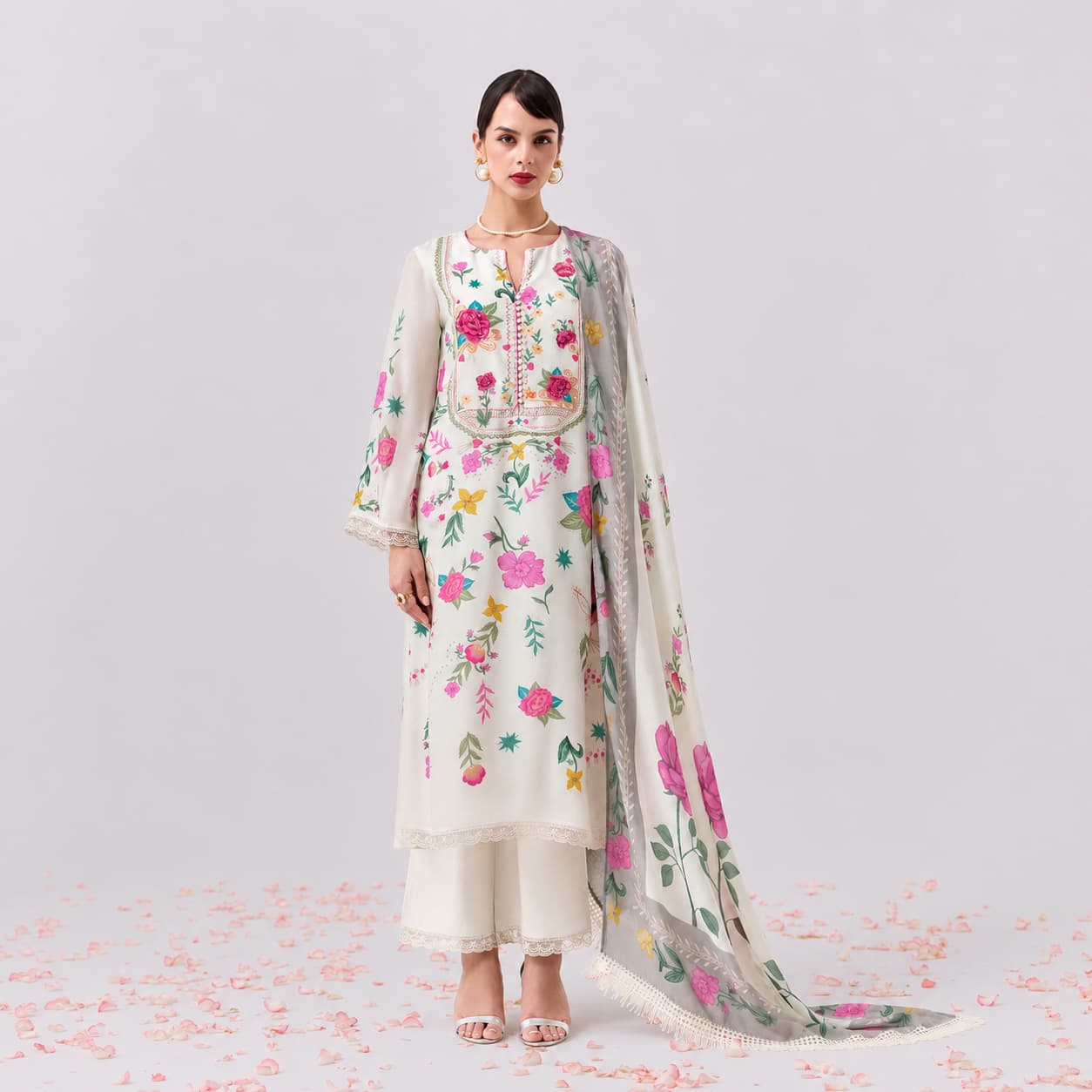 Ivory Cotton Lawn Digital Print Salwar Kameez with Embroidered Dupatta