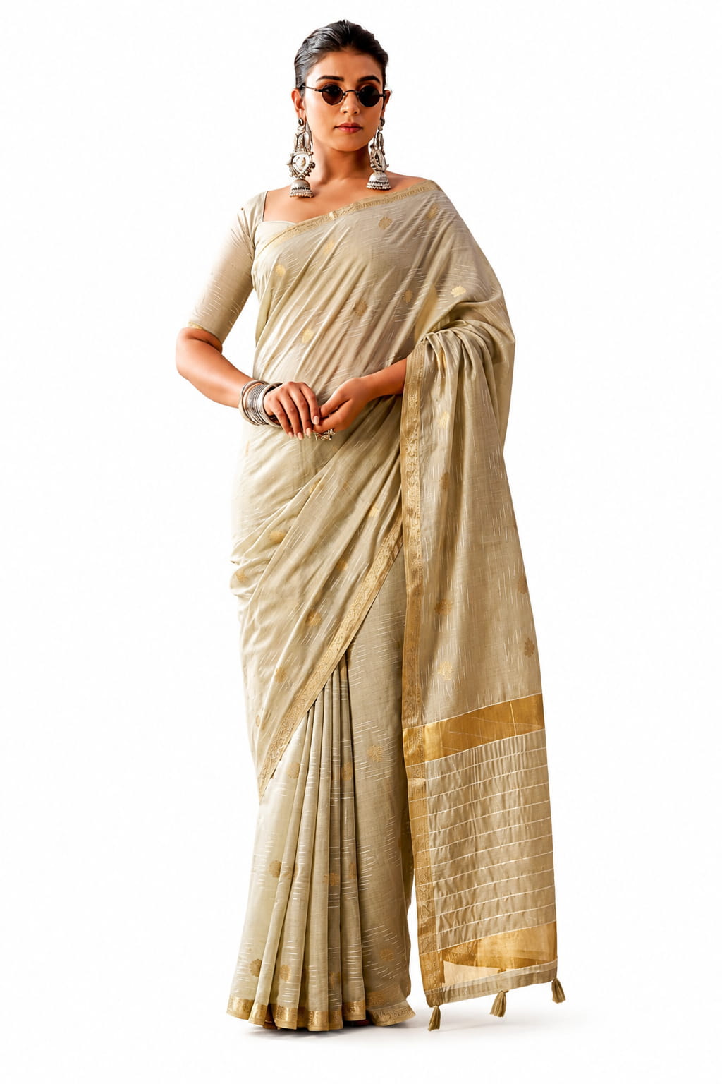 Beige Linen Silk Zari Border Work Saree