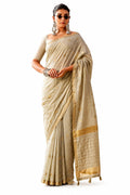 Beige Linen Silk Zari Border Work Saree