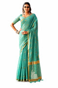 Sea Green Linen Silk Zari Border Work Saree