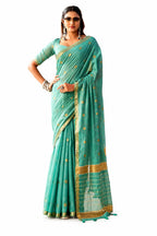 Sea Green Linen Silk Zari Border Work Saree