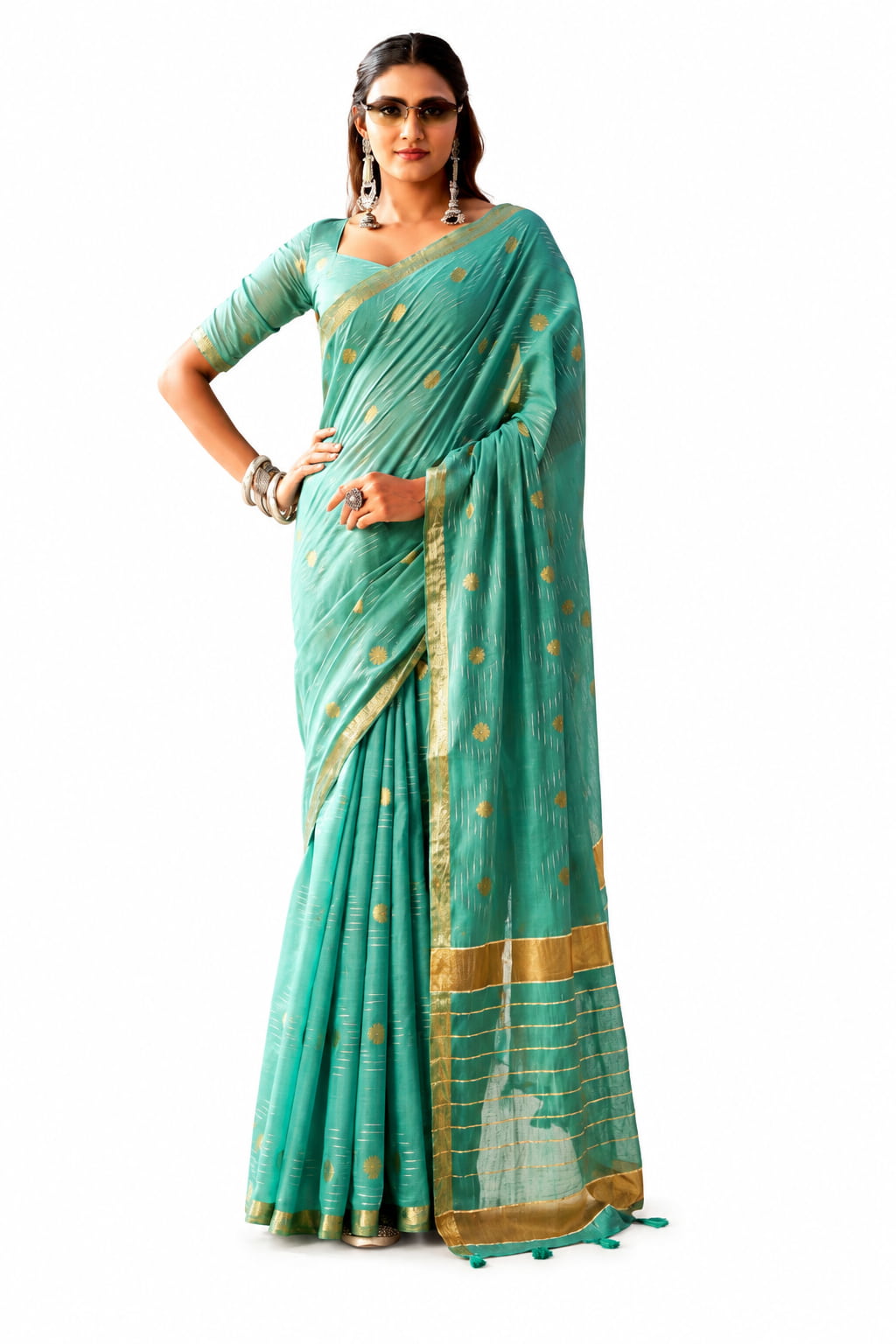Sea Green Linen Silk Zari Border Work Saree