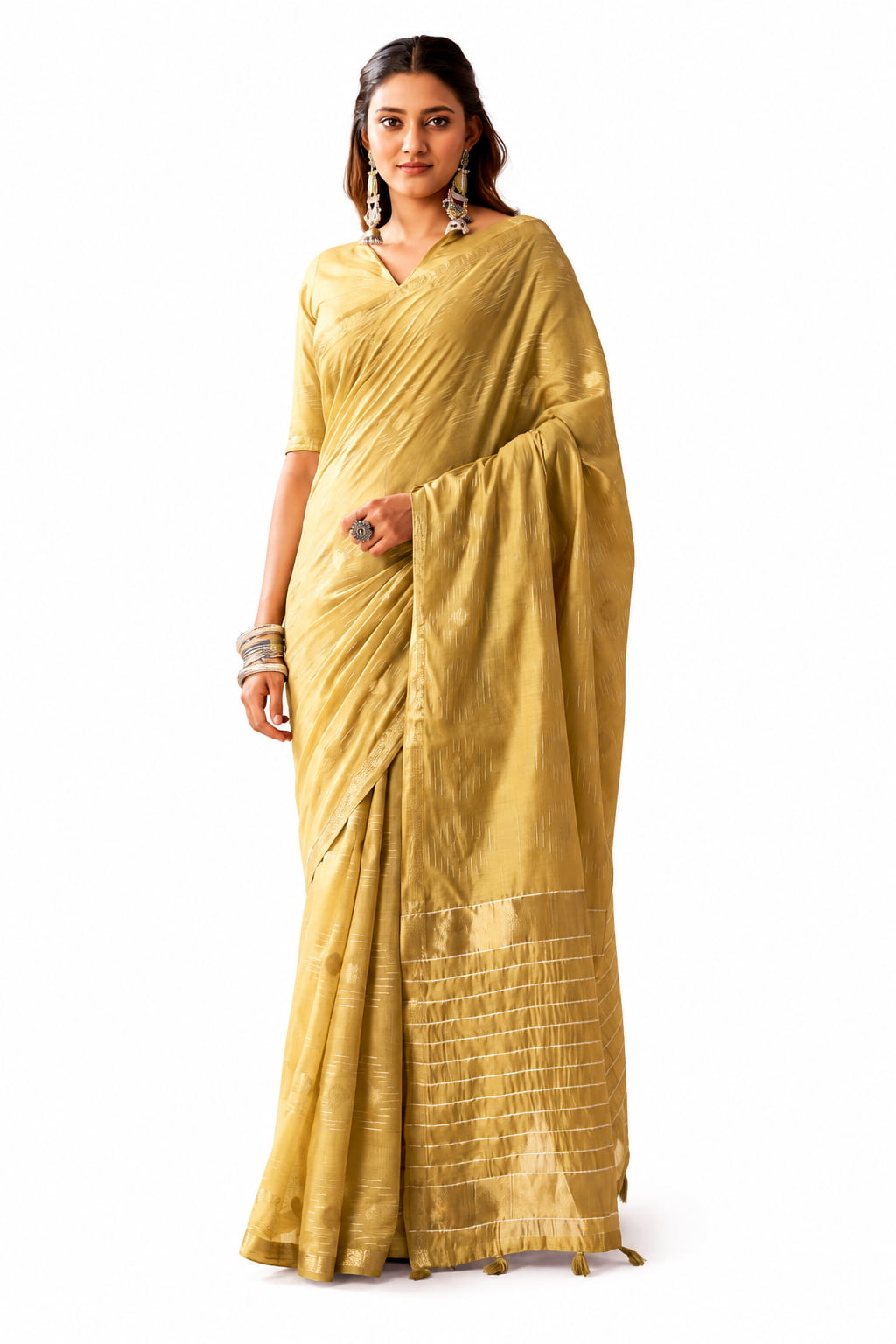 Gold Linen Silk Zari Border Work Saree