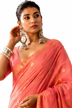 Coral Pink Linen Silk Zari Border Work Saree
