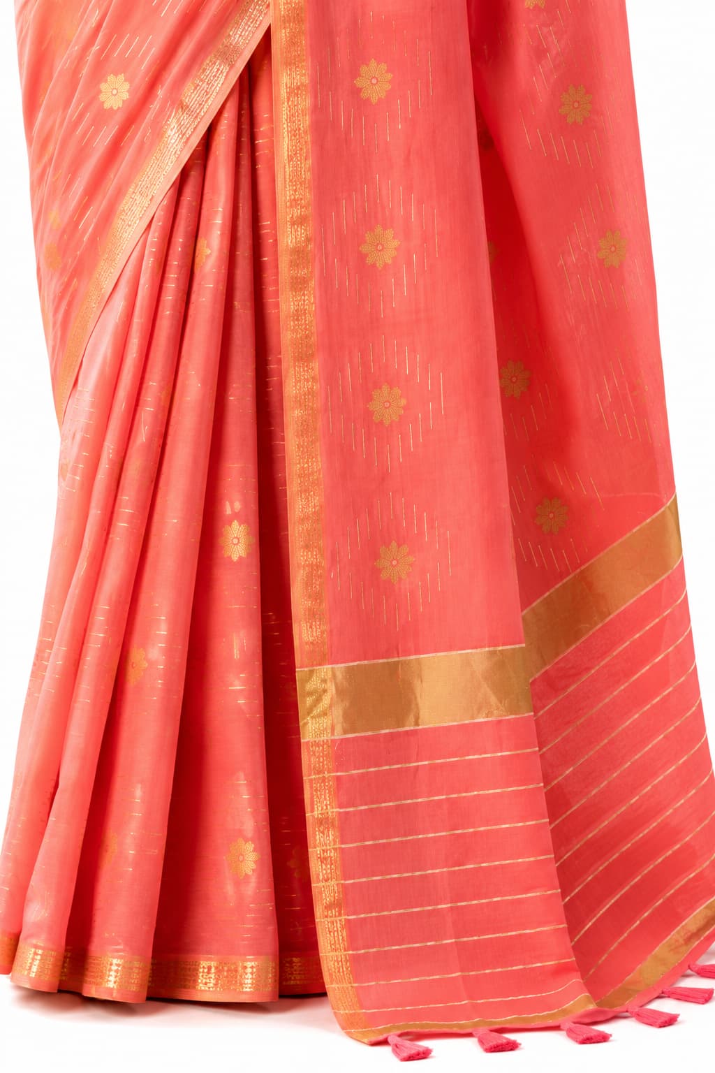 Coral Pink Linen Silk Zari Border Work Saree