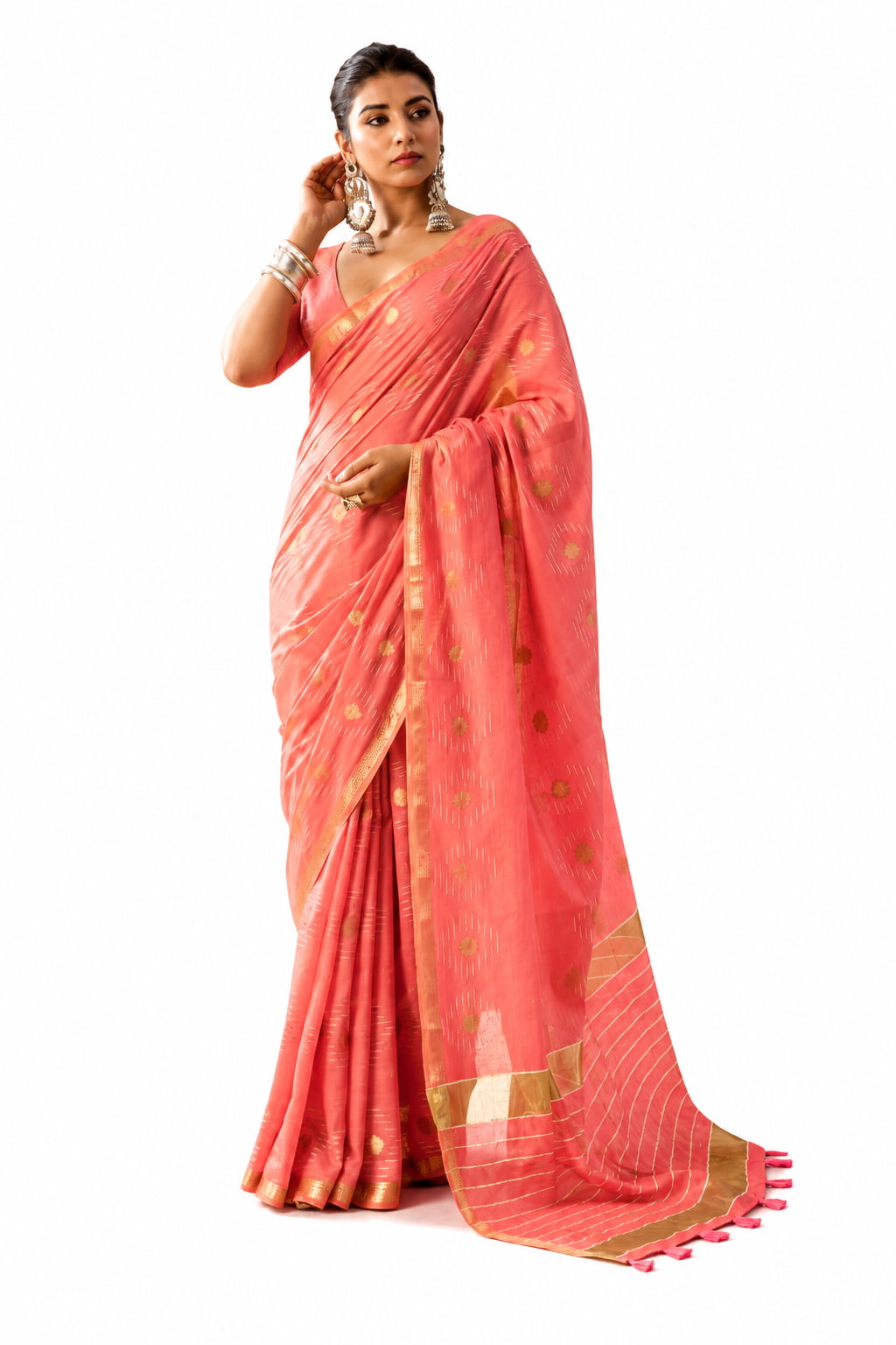 Coral Pink Linen Silk Zari Border Work Saree