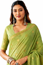 Pista Green Linen Silk Zari Border Work Saree