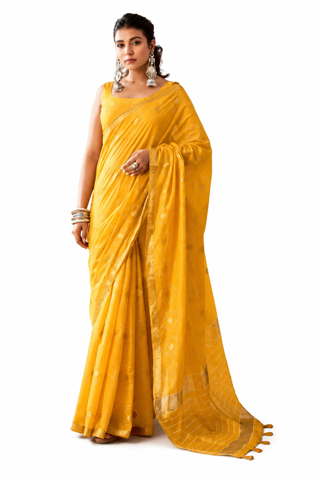 Yellow Linen Silk Zari Border Work Saree