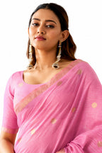 Baby Pink Linen Silk Zari Border Work Saree
