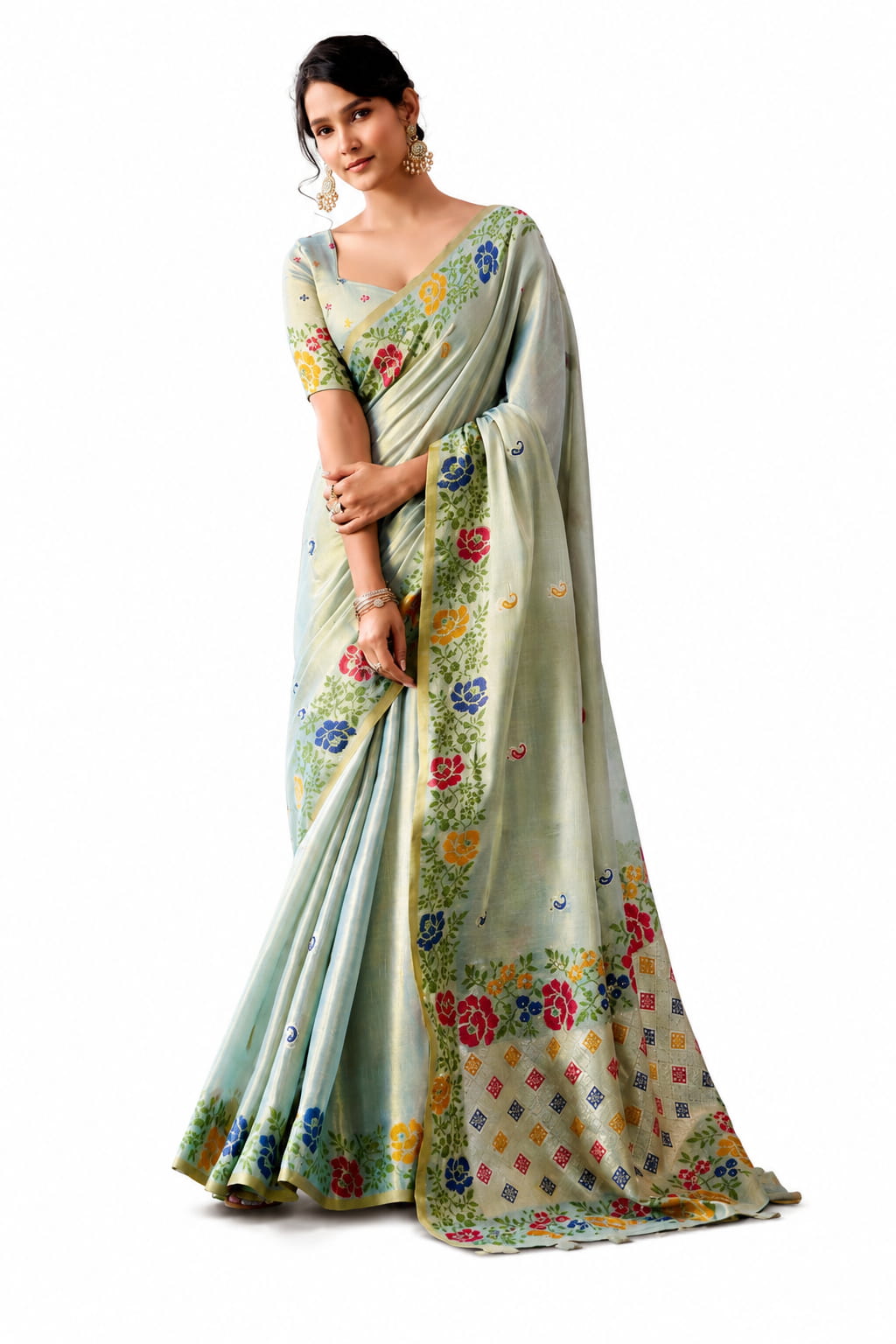 Ice Blue Shimmer Tissue Silk Zari Border Work Saree