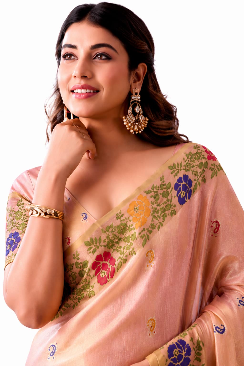 Peach Shimmer Tissue Silk Zari Border Work Saree