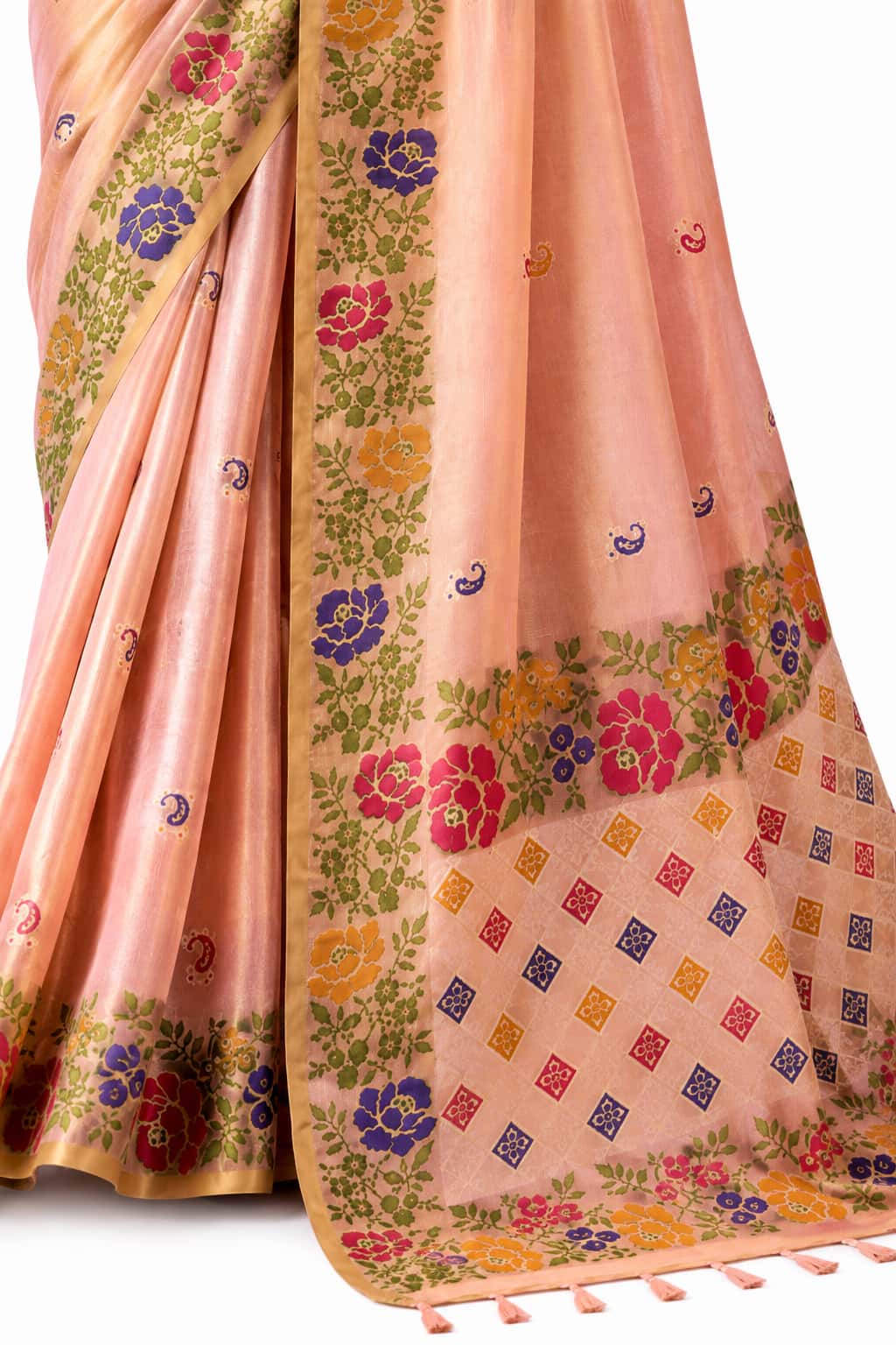 Peach Shimmer Tissue Silk Zari Border Work Saree