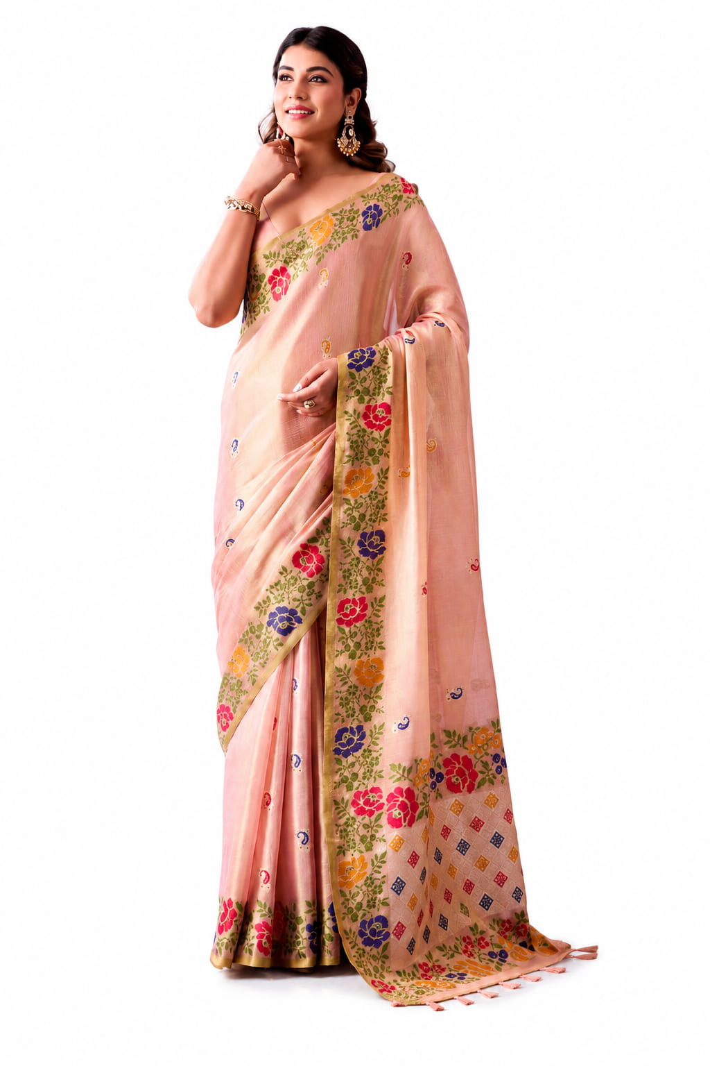 Peach Shimmer Tissue Silk Zari Border Work Saree