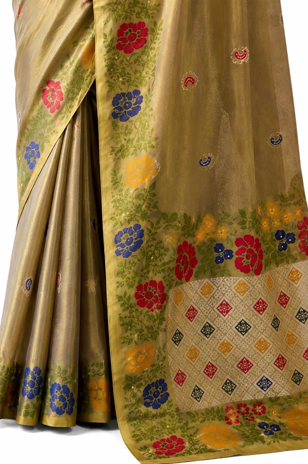 Green Shimmer Tissue Silk Zari Border Work Saree