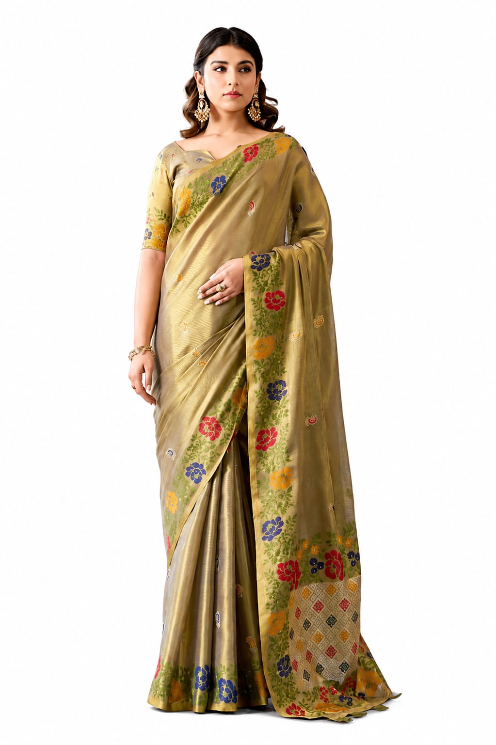 Green Shimmer Tissue Silk Zari Border Work Saree