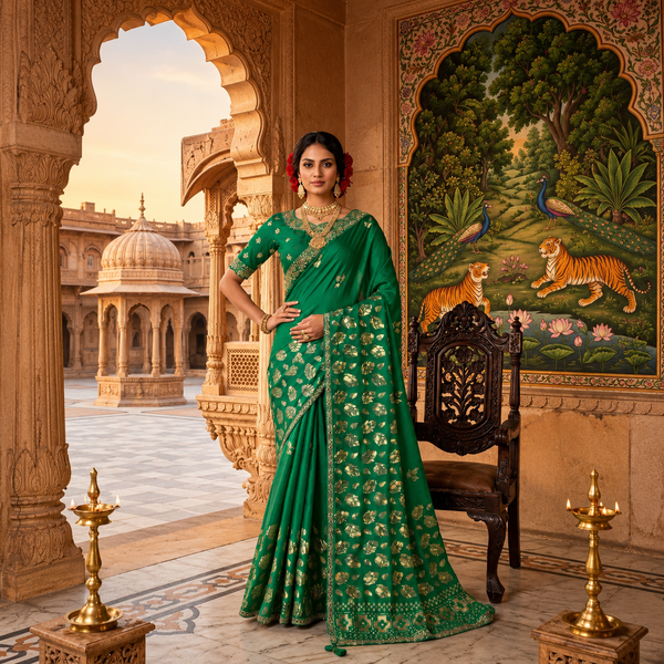 Gajji Silk saree with cord, zari, thread, stone and sequins embroidery.