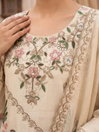 Ivory Cream Embroidered Silk Neckline and Jharokha Daman Handwork Detail