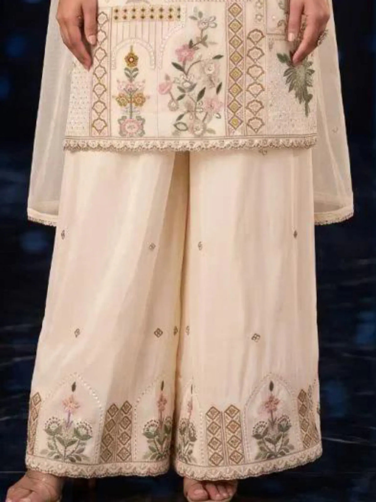 Ivory Cream Embroidered Silk Kameez Fabric and Resham Motifs Close Up